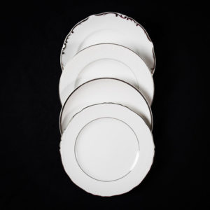 Platinum and white/off-white vintage china in mixed coordinated patterns
