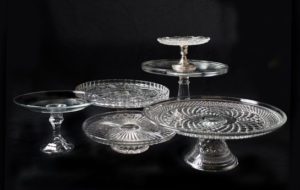 Clear glass cake stands of many patterns and styles