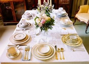 Easter dinner table setting with vintage tableware